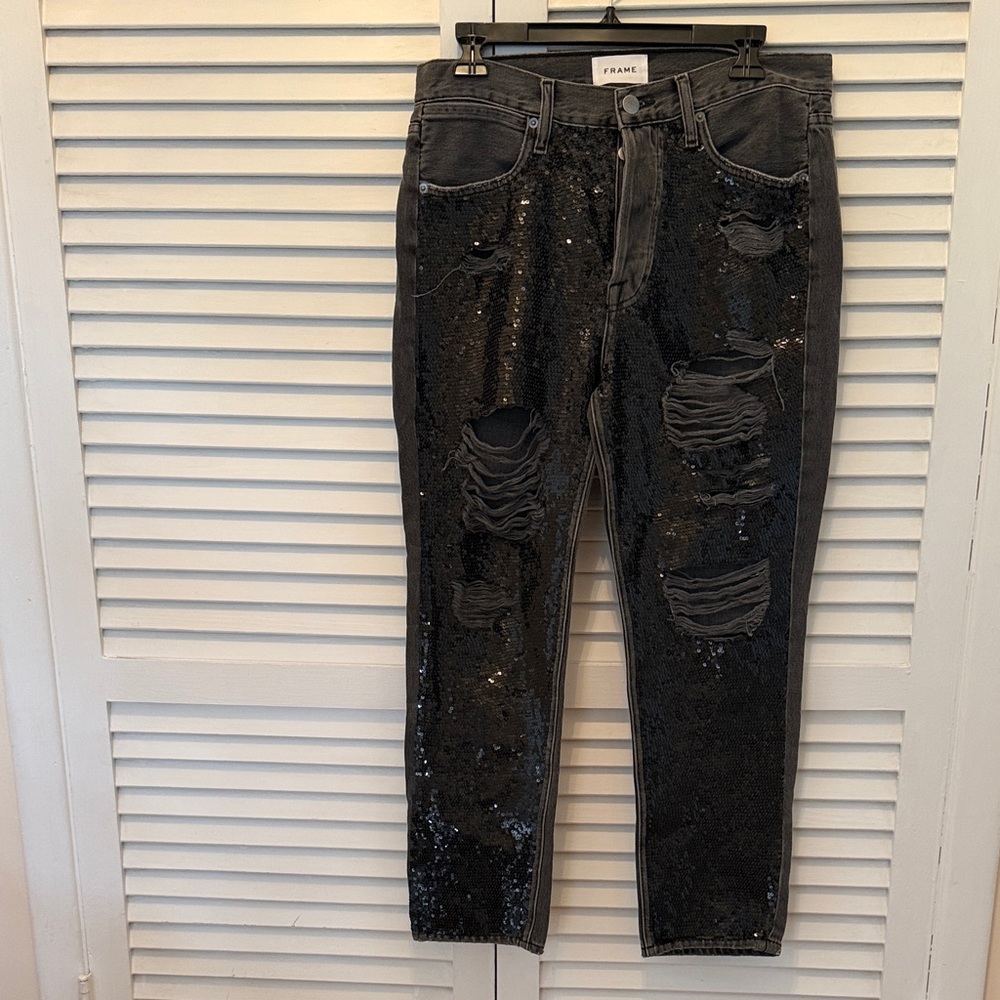 New Frame Denim Black Sequined Distressed Skinny Jeans Size 27